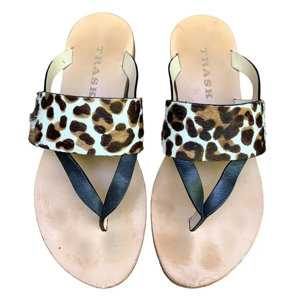 Trask Shay Leather Thong Sandal Slip On Leopard Print Calfhair 6